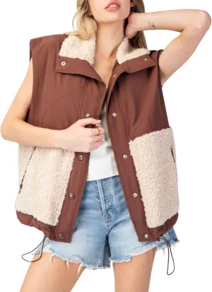 Womens Sherpa Fleece Contrast Puffer Vest Fuzzy Button Down Jackets Outerwear with Pockets