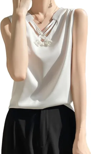 Women's Silk Satin Camisole Top,V-Neck Cut-Out Sleeveless Blouse,Loose Fit Beach Vacation Outfits,S-3XL