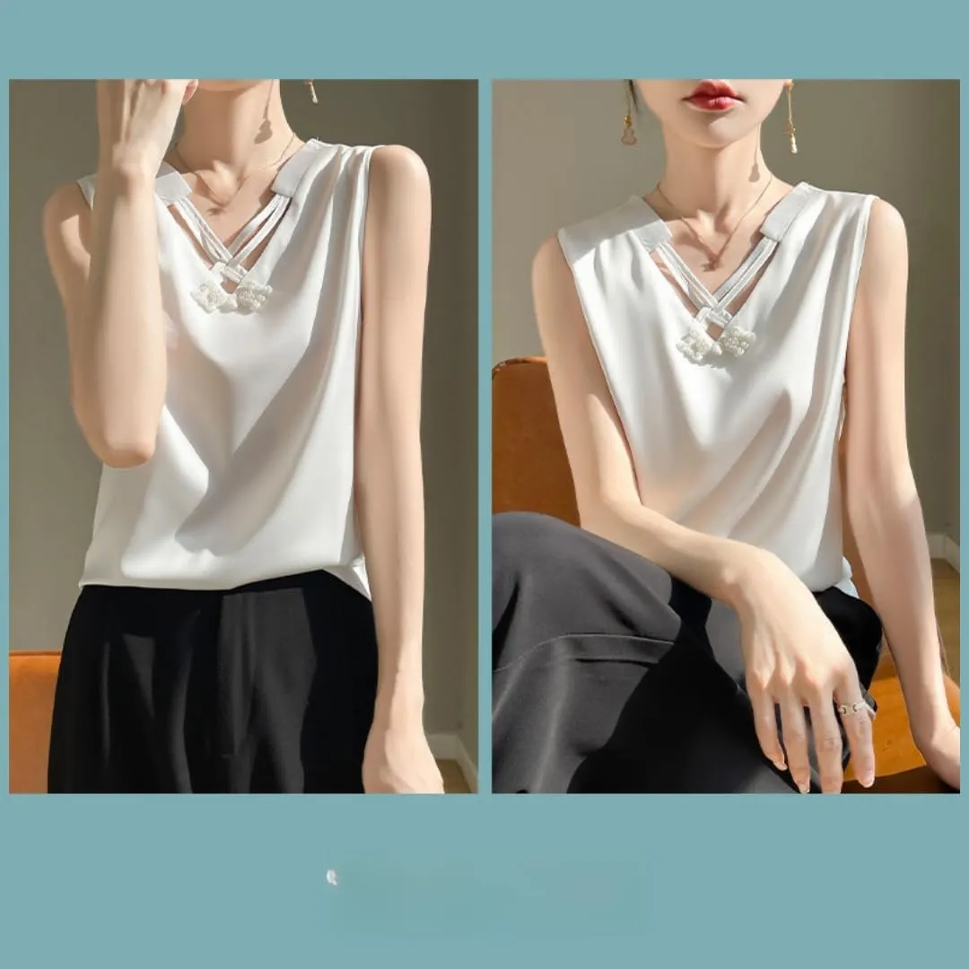Women's Silk Satin Camisole Top,V-Neck Cut-Out Sleeveless Blouse,Loose Fit Beach Vacation Outfits,S-3XL
