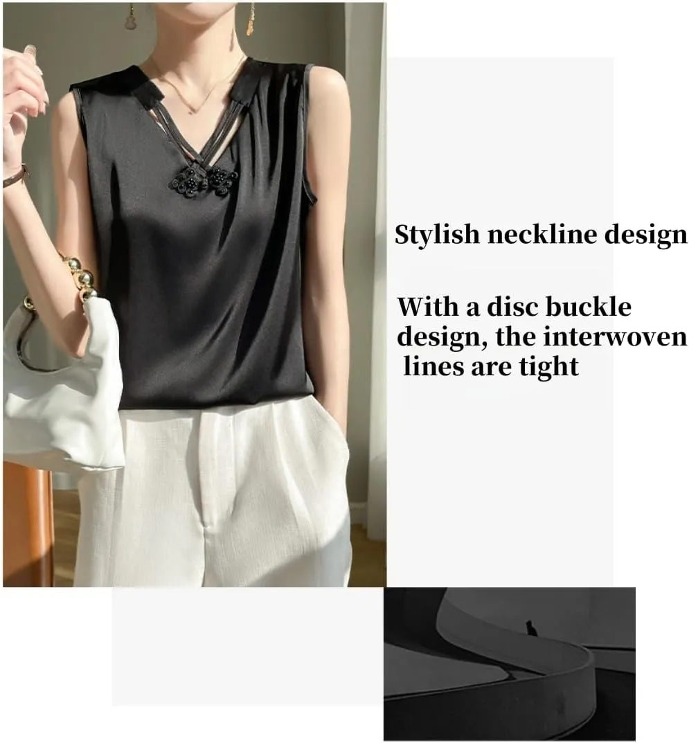Women's Silk Satin Camisole Top,V-Neck Cut-Out Sleeveless Blouse,Loose Fit Beach Vacation Outfits,S-3XL