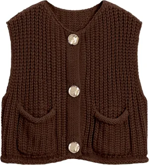 Women's Sleeveless Chunky Knit Top Casual Cropped Button Down Sweater Vest Open Front Cardigan with Pockets