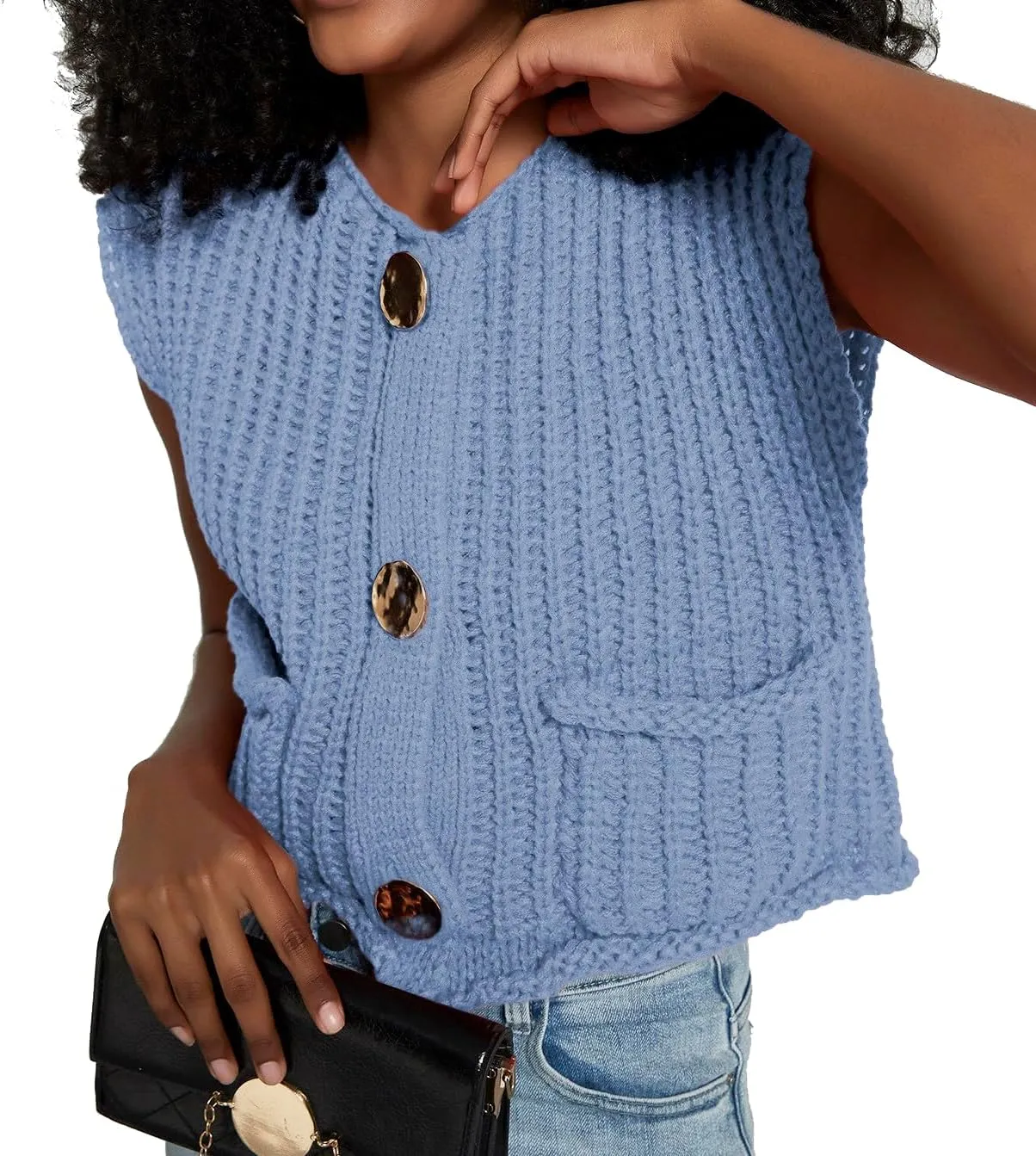 Women's Sleeveless Crochet Cardigan Vest Casual Fashion Button Down Open Front Sweater Vest with Pockets