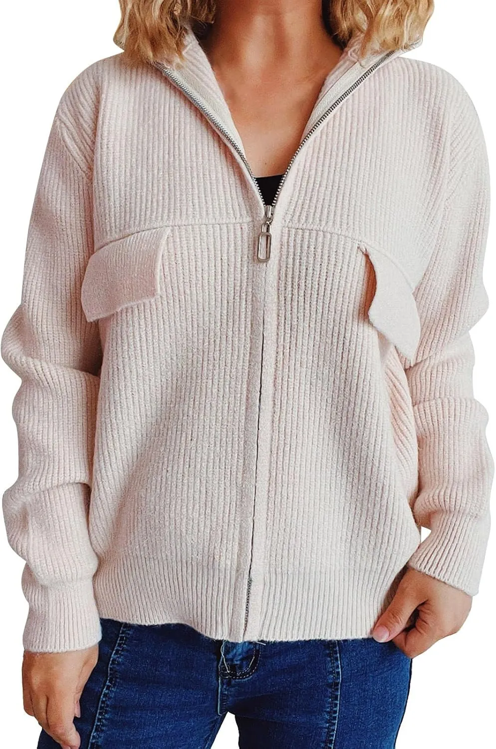 Women's Solid Color Folding Collar Zip Up Sweater Jacket Long Cardigan for Women Dressy