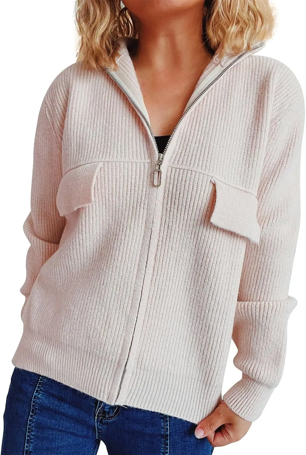 Women's Solid Color Folding Collar Zip Up Sweater Jacket Long Cardigan for Women Dressy