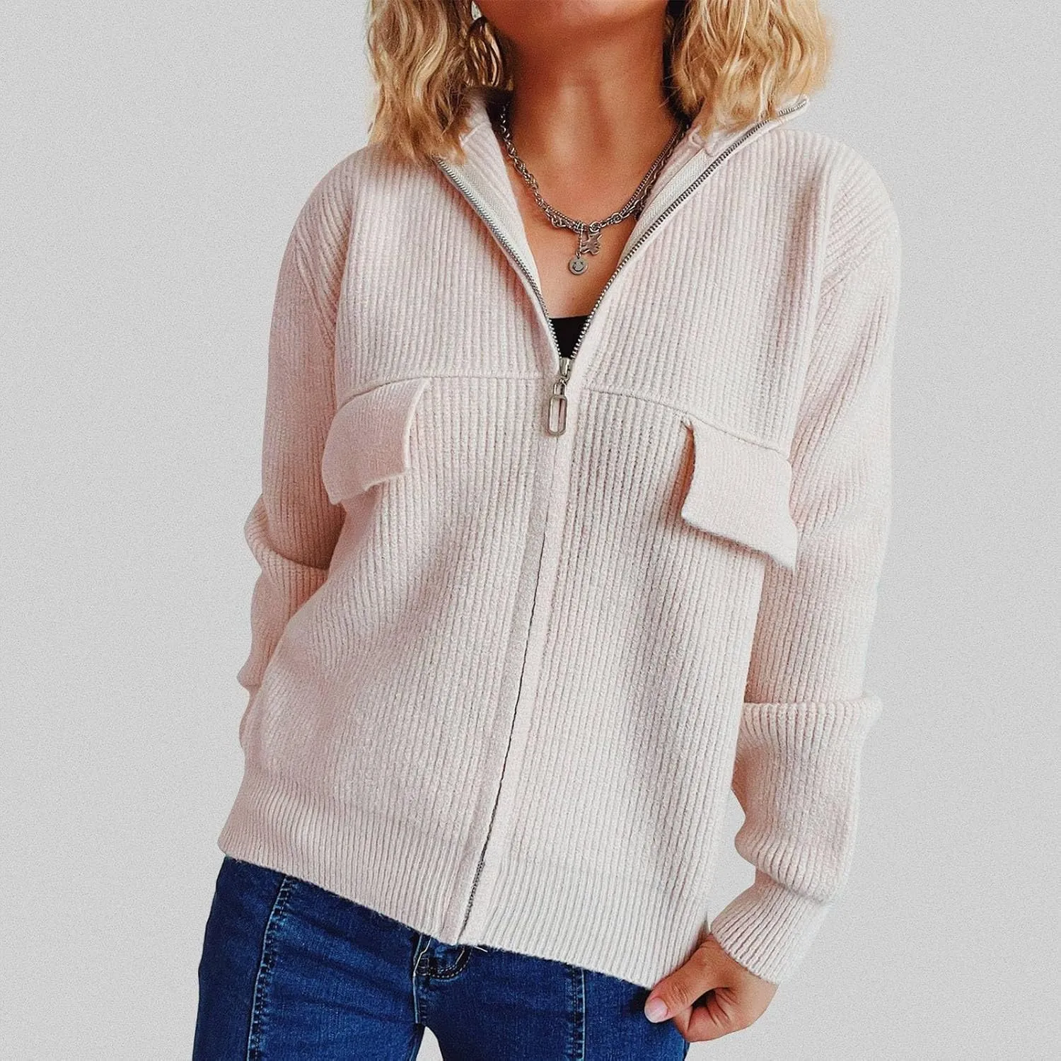 Women's Solid Color Folding Collar Zip Up Sweater Jacket Long Cardigan for Women Dressy
