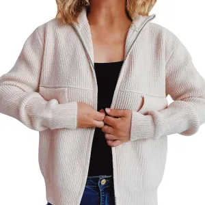 Women's Solid Color Folding Collar Zip Up Sweater Jacket Long Cardigan for Women Dressy