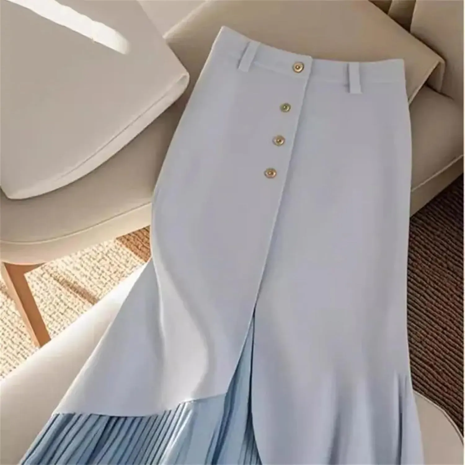 Women's Solid Color High Waist Pleated Skirt Fall Fashion Patchwork Office Lady Single Breasted Midi Party Skirt