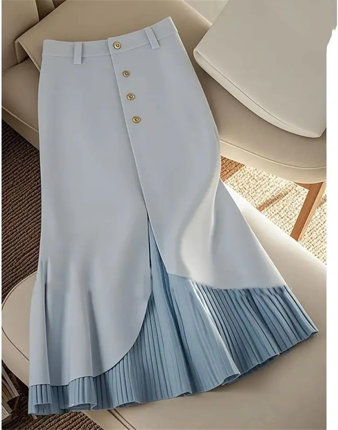 Women's Solid Color High Waist Pleated Skirt Fall Fashion Patchwork Office Lady Single Breasted Midi Party Skirt