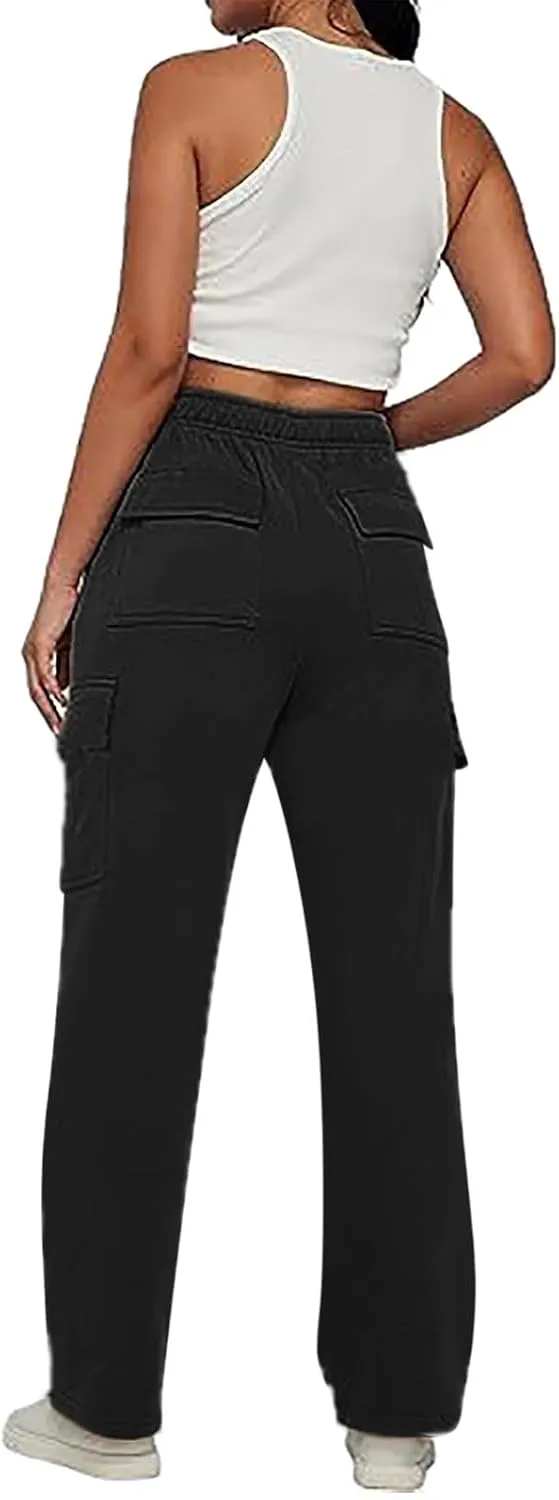 Womens Straight Leg Pants Elastic High Waist Lounge Pants Baggy Comfy Casual Trousers with Multiple Pockets 2025