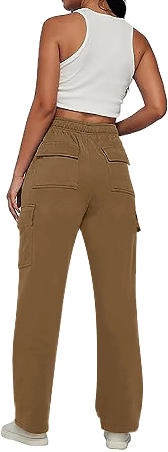 Womens Straight Leg Pants Elastic High Waist Lounge Pants Baggy Comfy Casual Trousers with Multiple Pockets 2025