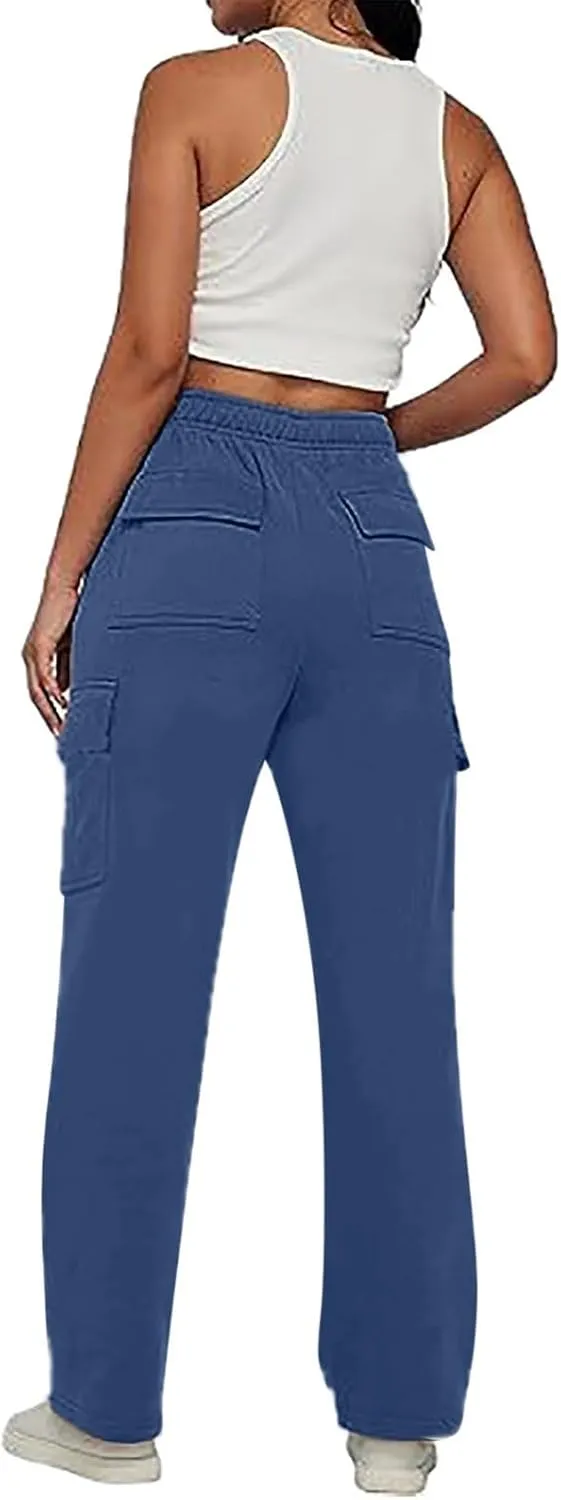 Womens Straight Leg Pants Elastic High Waist Lounge Pants Baggy Comfy Casual Trousers with Multiple Pockets 2025
