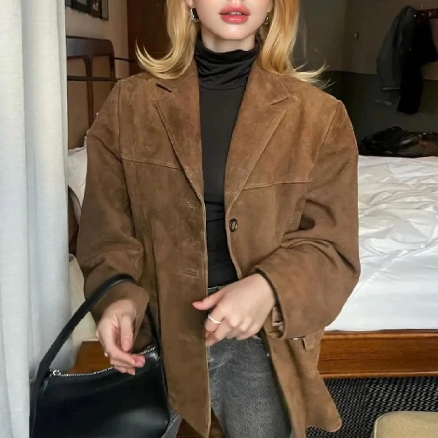 Women's Suede Jacket Old Money Aesthetic Faux Leather Coat Fall Fashion Trendy Y2k Outerwear Chic