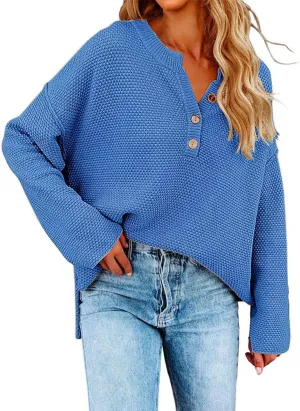 Womens Sweater V Neck Button Knitted Autumn Pullover Sweater Casual Pullover Striped Cute Winter Pullover Loose
