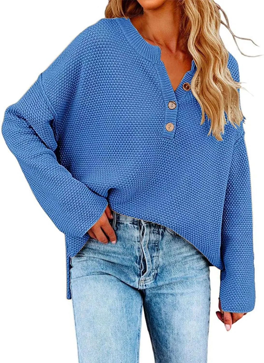 Womens Sweater V Neck Button Knitted Autumn Pullover Sweater Casual Pullover Striped Cute Winter Pullover Loose
