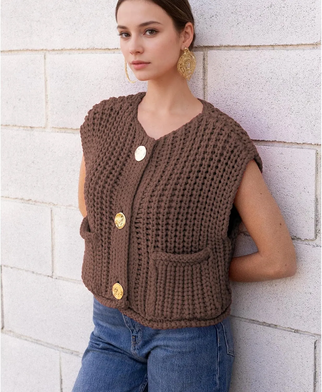 Women's Sweater Vest Knit Top Crop Crochet Chunky Sleeveless With Gold Button XS-XL