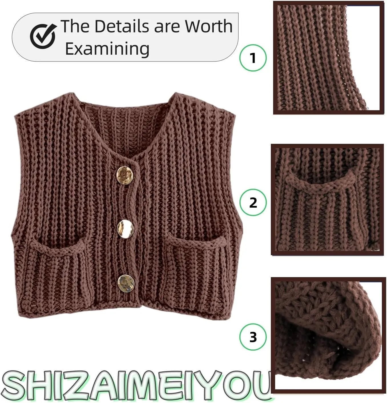 Women's Sweater Vest Knit Top Crop Crochet Chunky Sleeveless With Gold Button XS-XL