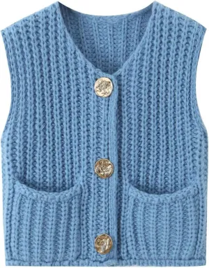 Women's Sweater Vest Knit Top Crop Crochet Chunky Sleeveless With Gold Button XS-XL