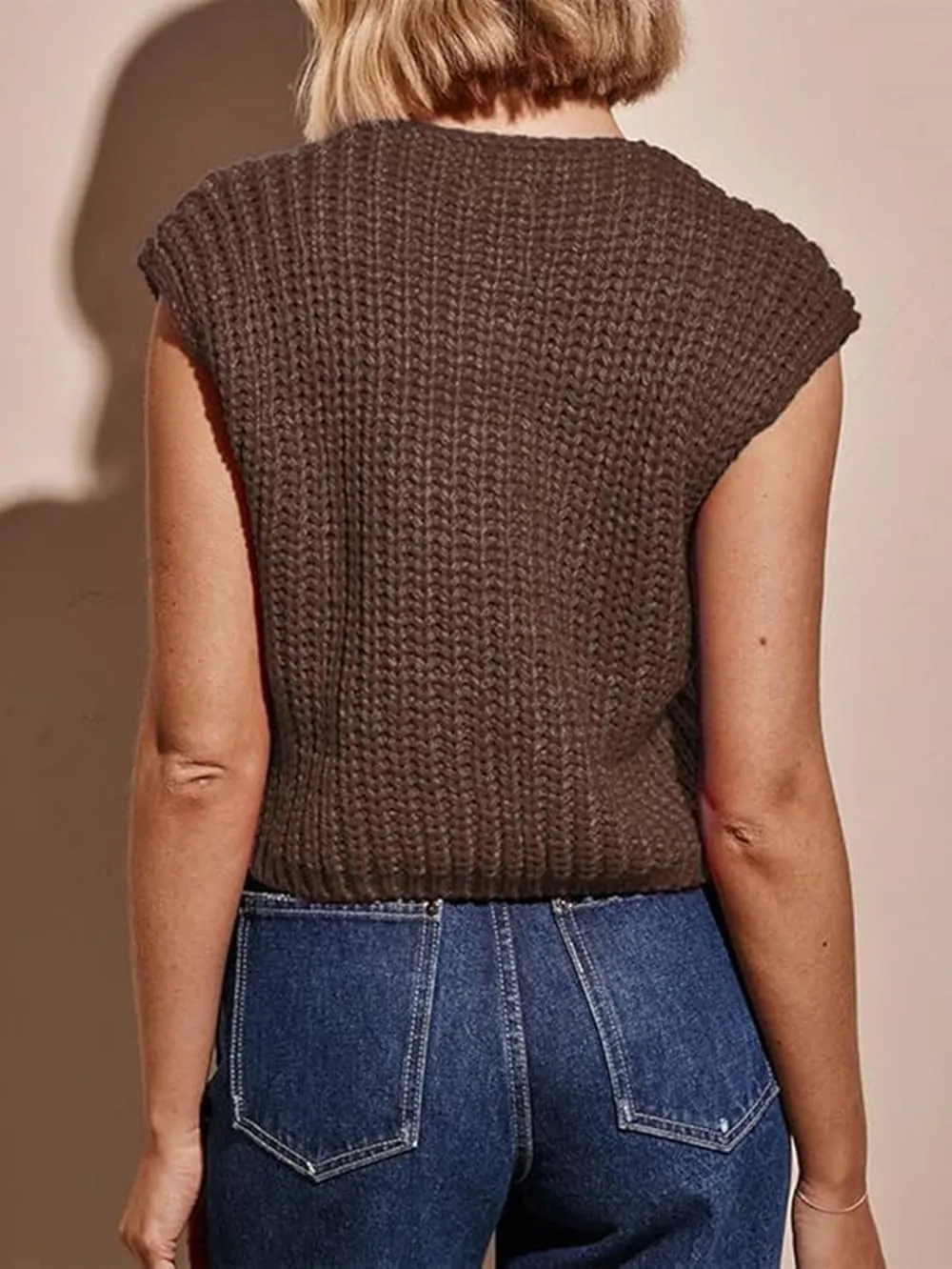 Women's Sweater Vest Knit Top Crop Crochet Chunky Sleeveless With Gold Button XS-XL