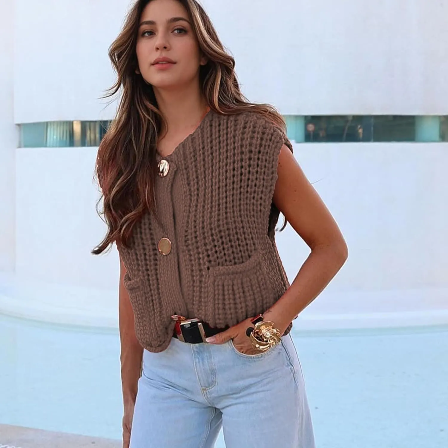 Women's Sweater Vest Knit Top Crop Crochet Chunky Sleeveless With Gold Button XS-XL