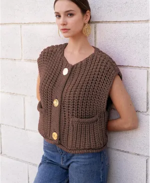 Women's Sweater Vest Knit Top Crop Crochet Chunky Sleeveless With Gold Button XS-XL