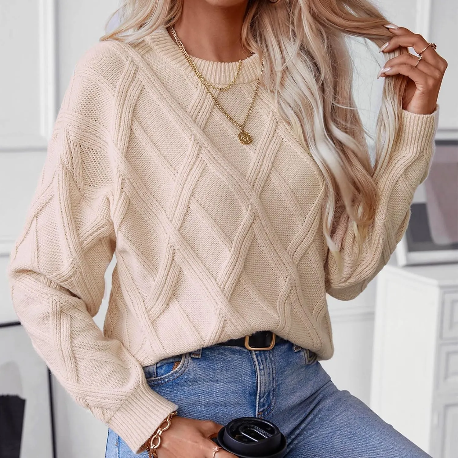 Women's Sweaters Fall Winter Tops Trendy Cable Knit Pullover Sweater Long Sleeve O-Neck Sweatshirt Knitwear Blouse