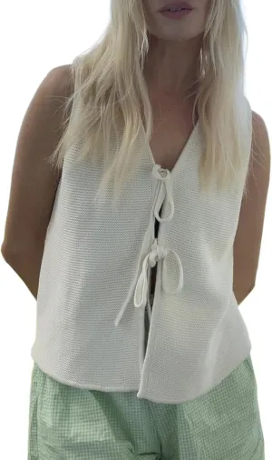 Womens Tie Front Sweater Vest Knit V Neck Lace Up Sleeveless Cardigan Casual Knitted Vest