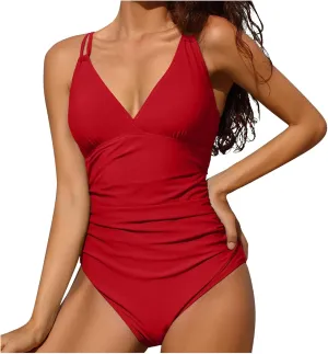 Women's Tummy Control Monokinis Swimsuits One Piece Neon Color Block Swimwear Deep V Neck Slimming Bathing Suit