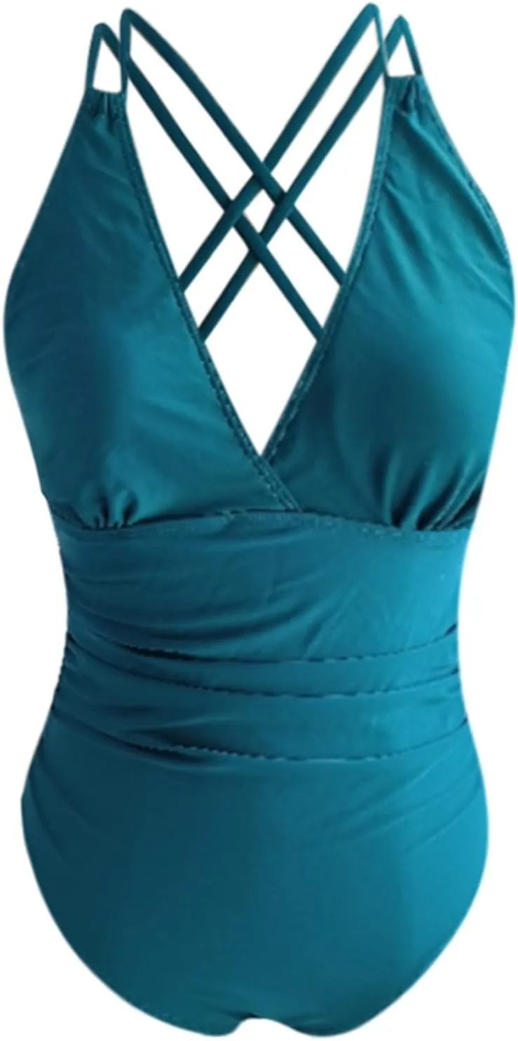 Women's Tummy Control Monokinis Swimsuits One Piece Neon Color Block Swimwear Deep V Neck Slimming Bathing Suit