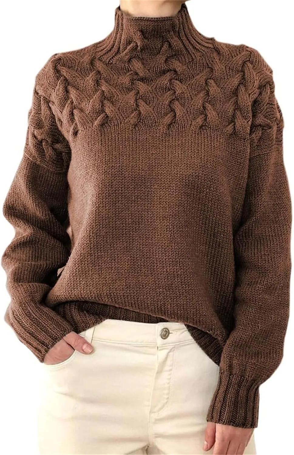 Womens Turtleneck Long Sleeve Solid Comfy Cable Knit Sweater, Slouchy Knit Chunky Sweater, Womens Turtleneck Sweater