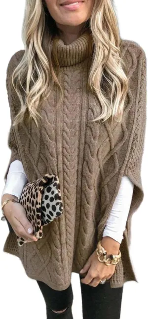 Women's Turtleneck Sweater Long Sleeve Chunky Knit Poncho Sweater Cape Wrap Pullover Fashion Fall Winter Jumper Tops
