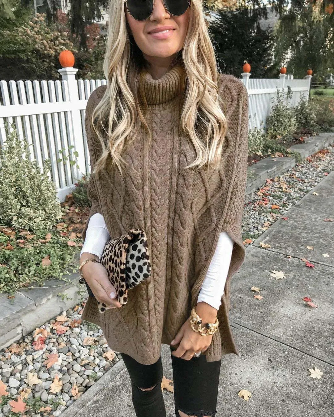 Women's Turtleneck Sweater Long Sleeve Chunky Knit Poncho Sweater Cape Wrap Pullover Fashion Fall Winter Jumper Tops