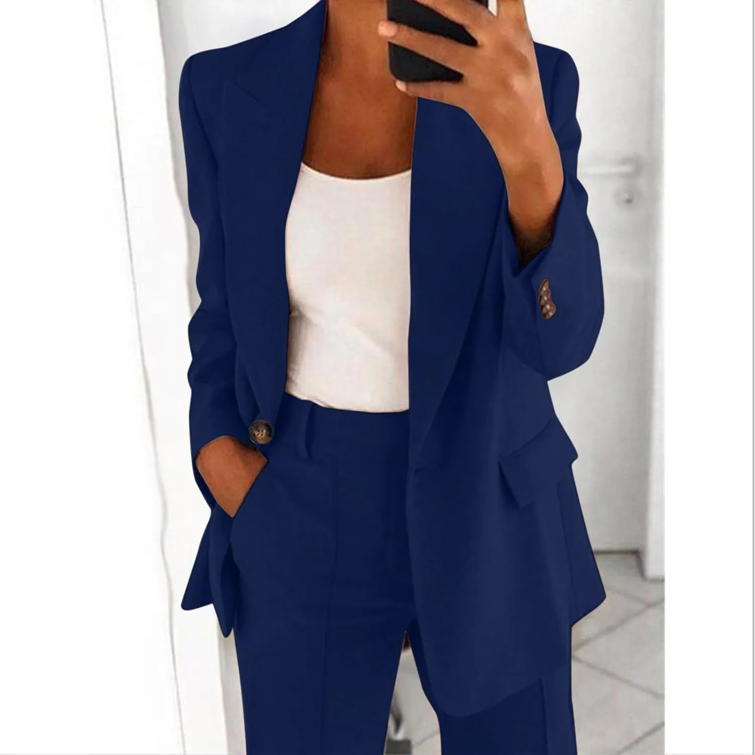 Women's Two Piece Lapels Suit Set Office Business Long Sleeve Button Formal Blazers   Pant Suit Slim Loose Jacket Suit
