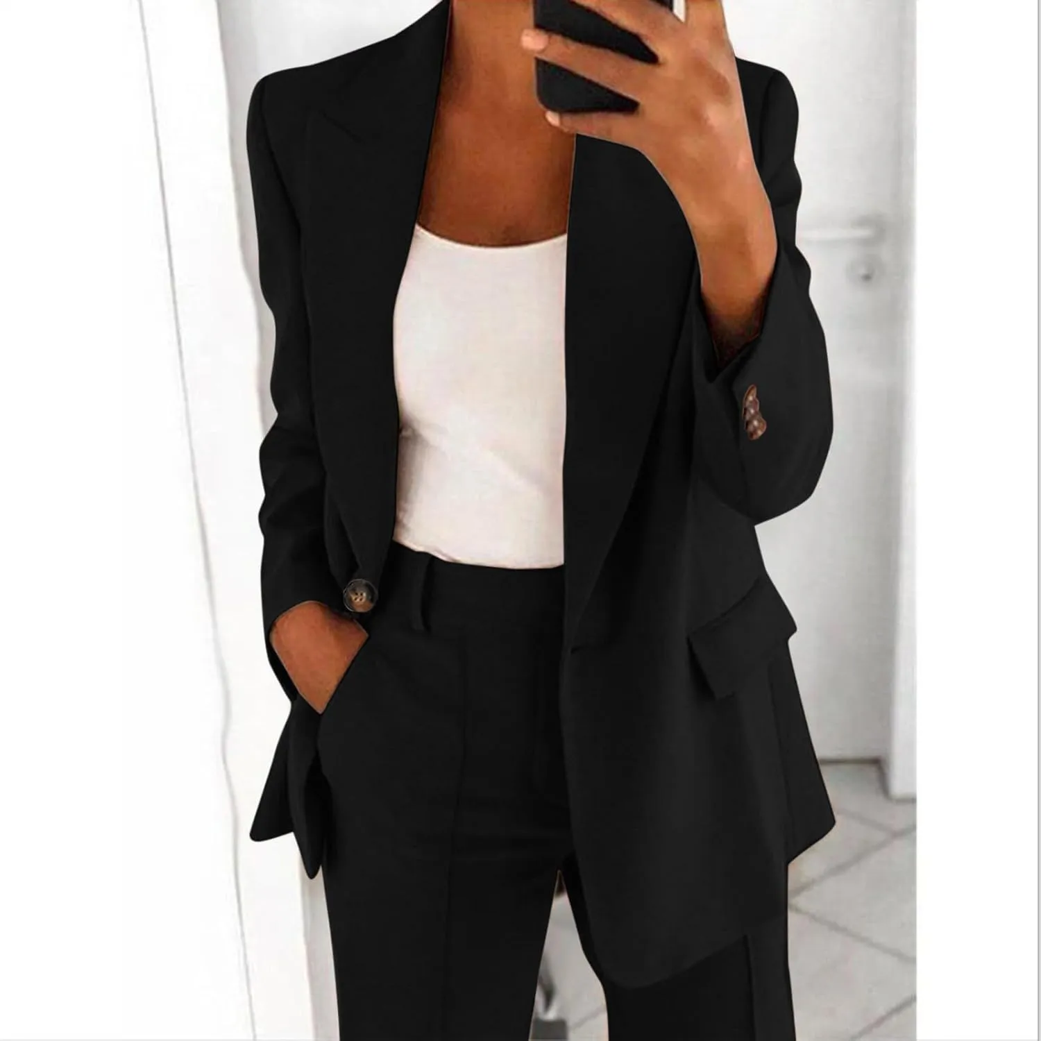 Women's Two Piece Lapels Suit Set Office Business Long Sleeve Button Formal Blazers   Pant Suit Slim Loose Jacket Suit