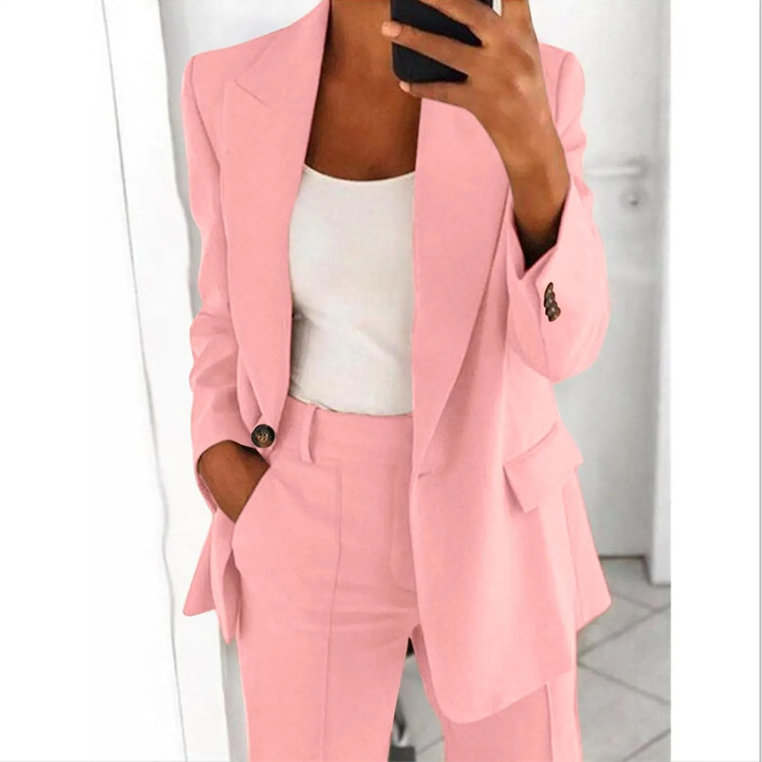 Women's Two Piece Lapels Suit Set Office Business Long Sleeve Button Formal Blazers   Pant Suit Slim Loose Jacket Suit