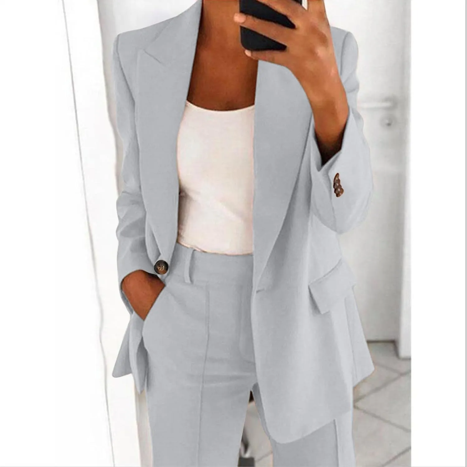 Women's Two Piece Lapels Suit Set Office Business Long Sleeve Button Formal Blazers   Pant Suit Slim Loose Jacket Suit
