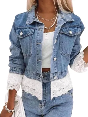Womens Unique Patchwork Denim Lace Trim Collared Long Sleeve Winter Coats for Women Fashion Jacket Available in Plus Size
