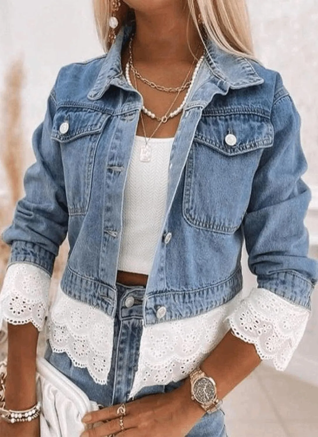 Womens Unique Patchwork Denim Lace Trim Collared Long Sleeve Winter Coats for Women Fashion Jacket Available in Plus Size
