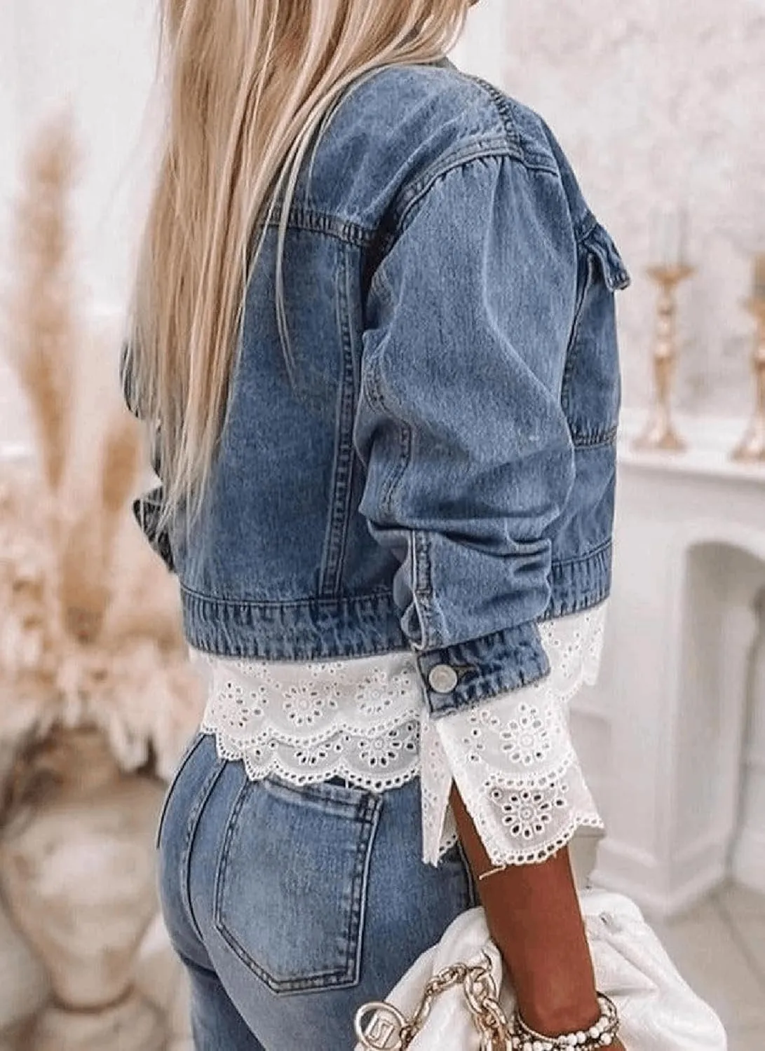 Womens Unique Patchwork Denim Lace Trim Collared Long Sleeve Winter Coats for Women Fashion Jacket Available in Plus Size