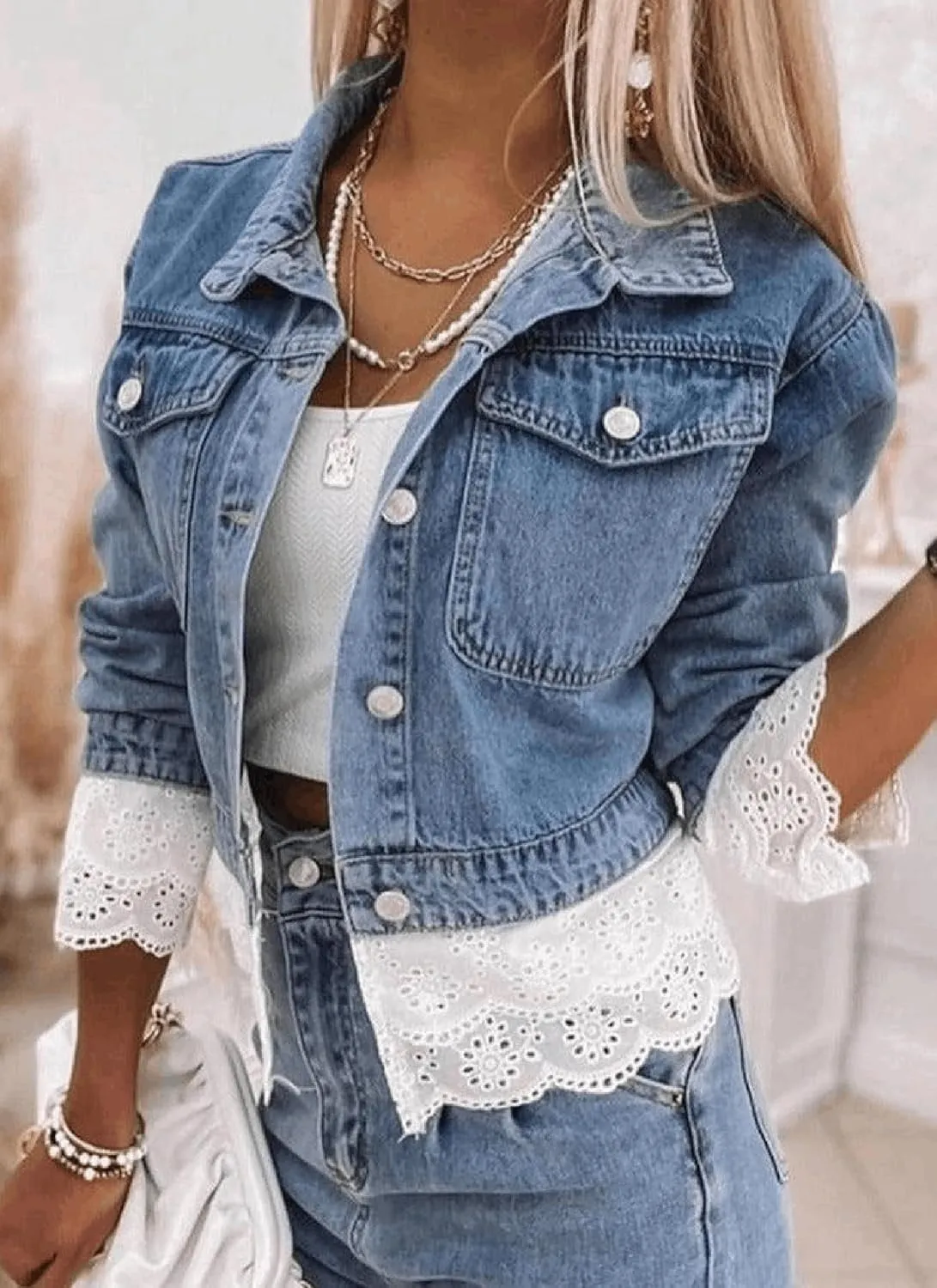 Womens Unique Patchwork Denim Lace Trim Collared Long Sleeve Winter Coats for Women Fashion Jacket Available in Plus Size