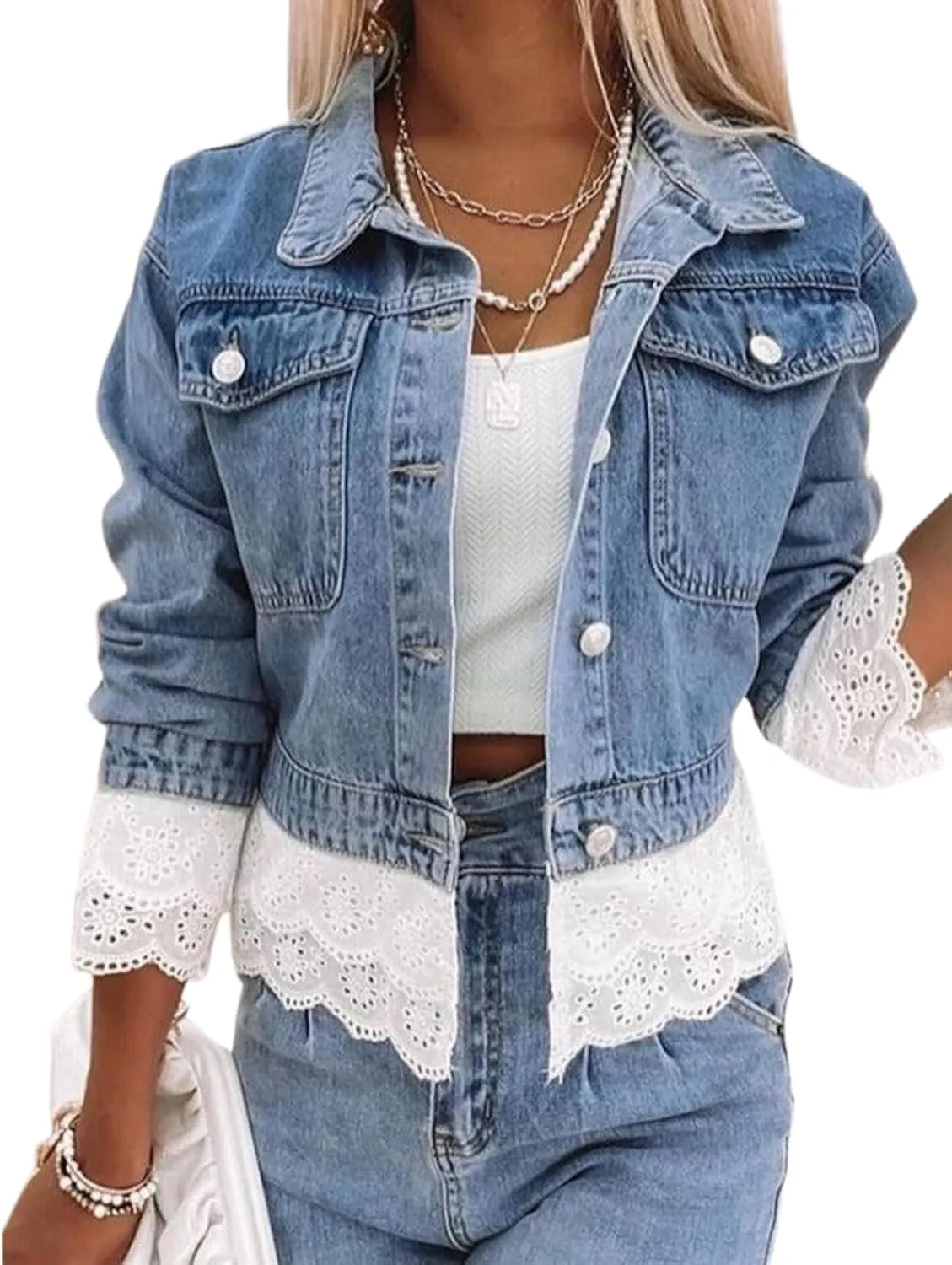 Womens Unique Patchwork Denim Lace Trim Collared Long Sleeve Winter Coats for Women Fashion Jacket Available in Plus Size