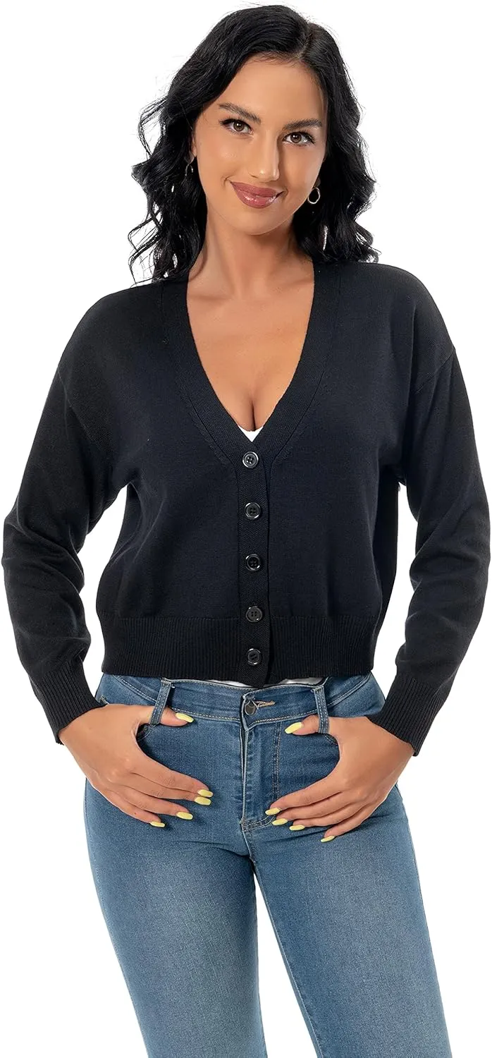 Women's V Neck Long Sleeve Cropped Cardigan Sweaters Solid Button Down Knit Bolero Shrugs
