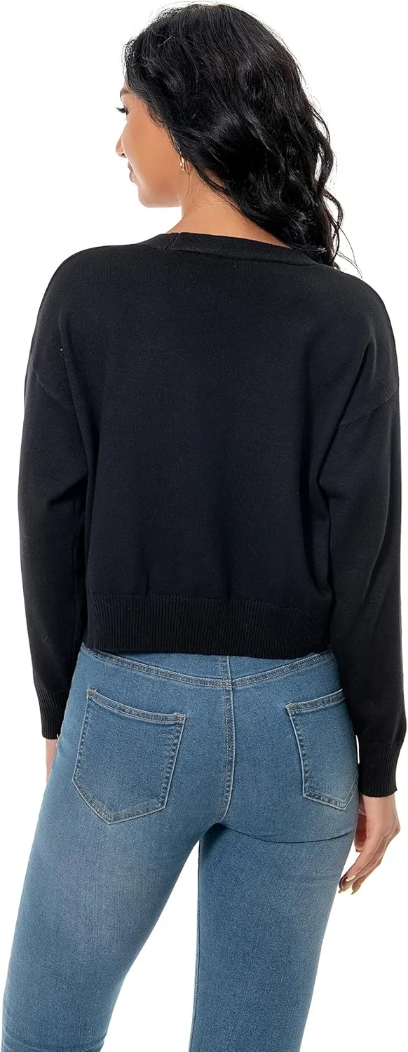 Women's V Neck Long Sleeve Cropped Cardigan Sweaters Solid Button Down Knit Bolero Shrugs