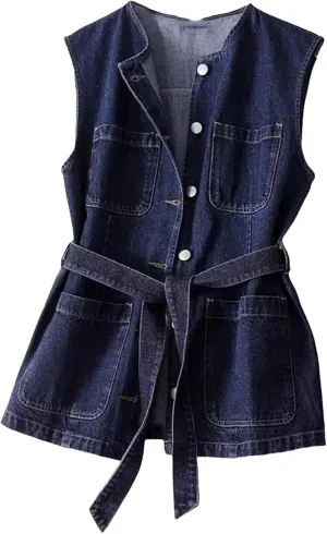 Women's Vintage Button Denim Vest Office Casual O-Neck Sleeveless Cowboy Jacket with Belt