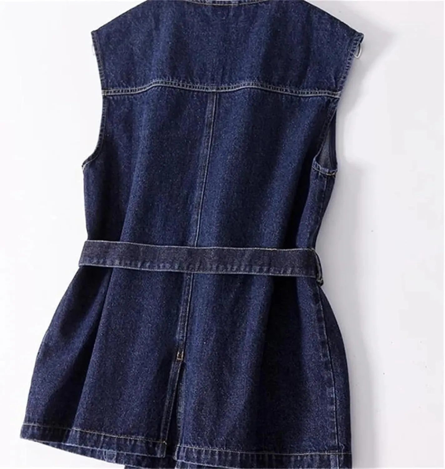 Women's Vintage Button Denim Vest Office Casual O-Neck Sleeveless Cowboy Jacket with Belt