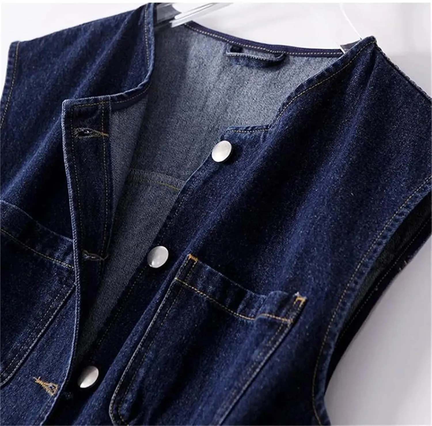 Women's Vintage Button Denim Vest Office Casual O-Neck Sleeveless Cowboy Jacket with Belt
