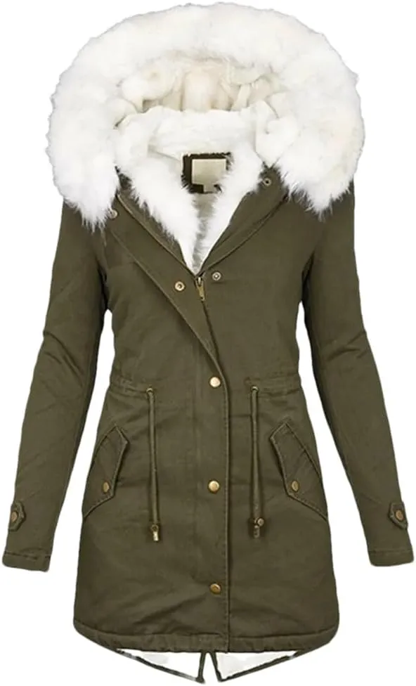 Women's Warm Thick Hooded Overcoat Fur Collar Padded Pocket Cotton Outerwear