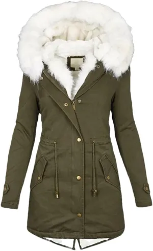 Women's Warm Thick Hooded Overcoat Fur Collar Padded Pocket Cotton Outerwear