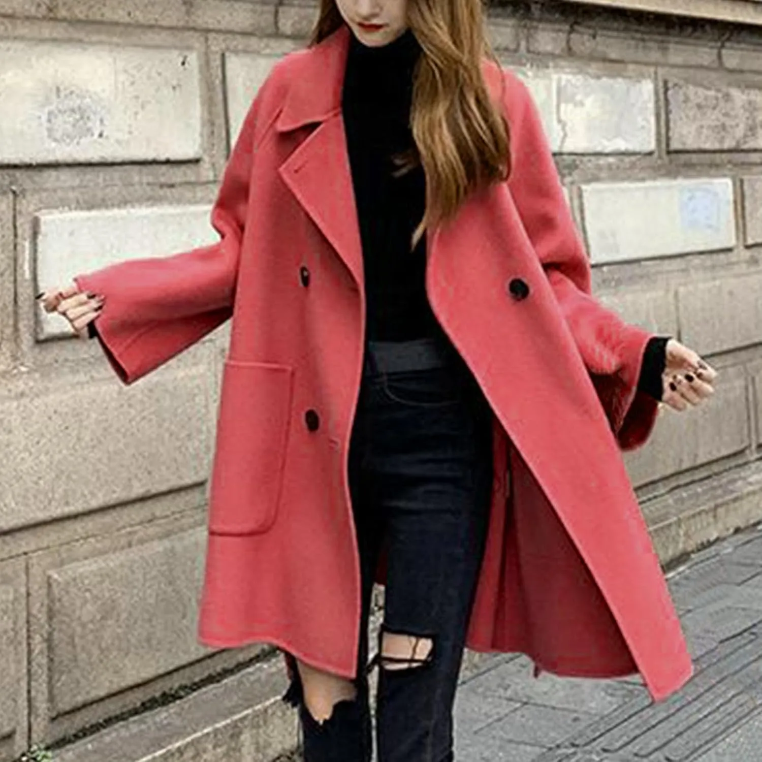 Womens Winter Wool Pea Coat Warm Notched Collar Double Breasted Trench Coat Overcoat Oversized Long Jacket Outerwear