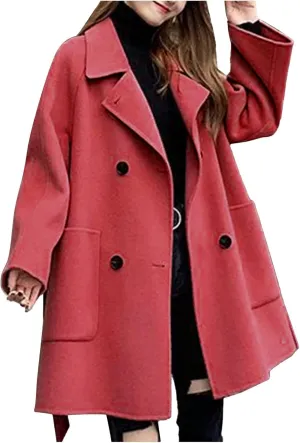 Womens Winter Wool Pea Coat Warm Notched Collar Double Breasted Trench Coat Overcoat Oversized Long Jacket Outerwear