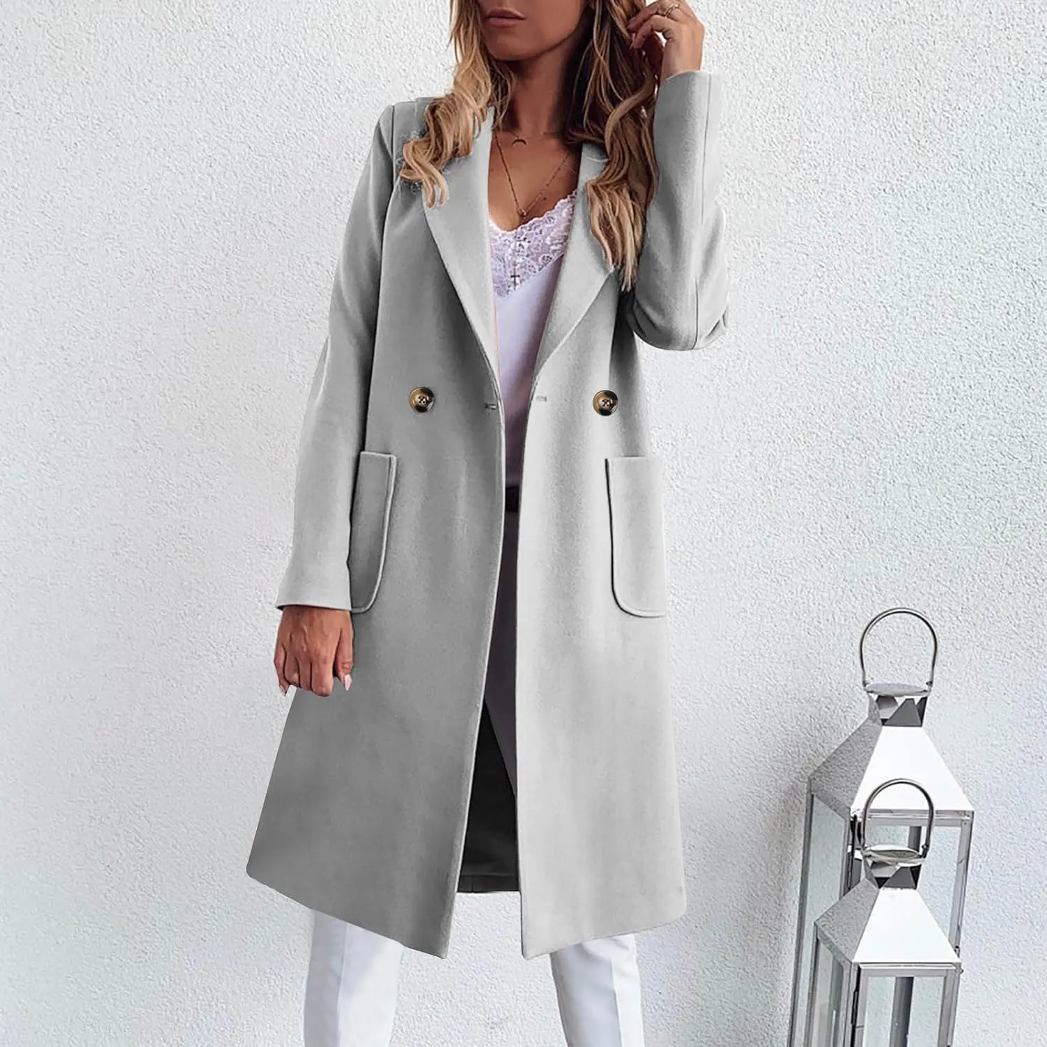 Women's Wool Blend Trench Coat Winter Jackets Mid Long Pea Coats Dressy Casual Double Breasted Overcoat with Pockets